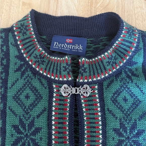 Vintage Nordstrikk womens cardigan jacket virgin wool green navy pewter clasp L - Picture 4 of 10